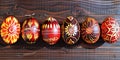 Ukrainian pysanky on dark wood background. Hand painted eggs in red and yellow colors. Top view banner, background