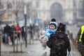 Ukrainian refugees on Lviv railway station waiting for train to escape to Europe