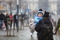 Ukrainian refugees on Lviv railway station waiting for train to escape to Europe