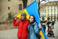 Ukrainian refugees participate in the European public protest against the Russian military invasion