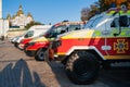 Ukrainian rescue service vehicles. Exhibition of technology at sunset. Rescue technology. Ukraine. Kiev. October 15, 2021 Royalty Free Stock Photo