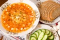 Ukrainian restaurant - borsch, black bread Royalty Free Stock Photo