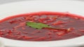 Ukrainian and russian national food - red beet soup borscht with beef.Moldovan soup. Close up. plate of beetroot cream Royalty Free Stock Photo