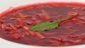 Ukrainian and russian national food - red beet soup borscht with beef.Moldovan soup. Close up. plate of beetroot cream Royalty Free Stock Photo