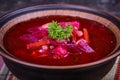 Ukrainian and russian national food - red beet soup, borscht Royalty Free Stock Photo