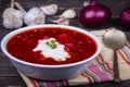 Ukrainian and russian national food - red beet soup, borscht Royalty Free Stock Photo