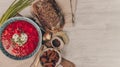 Ukrainian and Russian traditional beet soup borsh with sour cream in a bowl. Banner photo Royalty Free Stock Photo