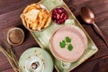 Ukrainian and Russian traditional beetroot soup - borscht in clay pot with sour cream, bread on dark wooden background Royalty Free Stock Photo