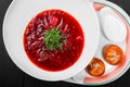 Ukrainian and Russian traditional beetroot soup - borscht in plate, sour cream and buns with garlic and herbs on dark background Royalty Free Stock Photo