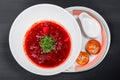 Ukrainian and Russian traditional beetroot soup - borscht in plate, sour cream and buns with garlic and herbs Royalty Free Stock Photo