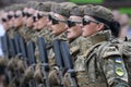 Ukrainian servicewomen march during a final rehearsal for the Independence Day military parade in central Kyiv, Ukraine