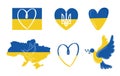 Ukrainian set flag, heart, arms, map on white isolated background.