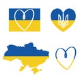 Ukrainian set flag, heart, arms, map on white isolated background.