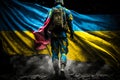 Ukrainian soldier with flag of Ukraine standing in ruins. War against Russia. Ai generative