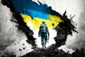 Ukrainian soldier with flag of Ukraine walking stairway to Heaven. Hero soldier ascending to paradise. Ai generative