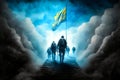 Ukrainian soldier with flag of Ukraine walking stairway to Heaven. Hero soldier ascending to paradise. Ai generative