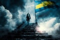 Ukrainian soldier with flag of Ukraine walking stairway to Heaven. Hero soldier ascending to paradise. Ai generative