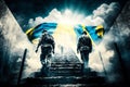 Ukrainian soldier with flag of Ukraine walking stairway to Heaven. Hero soldier ascending to paradise. Ai generative