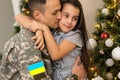 Ukrainian soldier. Militarization. Ukrainian defender says goodbye to his family. Mobilization of Ukrainian men. War of Royalty Free Stock Photo