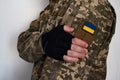 Ukrainian soldier in military pixel unform with banner of flag of Ukraine