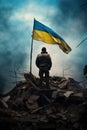 Ukrainian soldier standing on destroyed by missile strike city background with blue and yellow flag, Russia Ukraine war Royalty Free Stock Photo