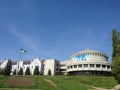 Ukrainian symbol and flag city view of Banking Academy of Sumy, Ukraine