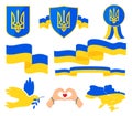 Ukrainian symbols. Coat of arms flag map, dove of peace. Blue and yellow ribbons. Vector illustration Royalty Free Stock Photo