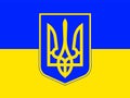 Ukrainian symbols. Coat of arms of Ukraine on the background of the Ukrainian flag. Vector illustration