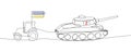 Ukrainian tractor stole russian tank continuous line drawing. One line art of stop russian aggression, russian invasion Royalty Free Stock Photo