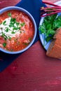 Ukrainian traditional borsch. Russian vegetarian red soup in blue bowl on red wooden background. Borscht, borshch with beet. To Royalty Free Stock Photo