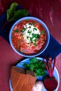 Ukrainian traditional borsch. Russian vegetarian red soup in blue bowl on red wooden background. Borscht, borshch with beet. To Royalty Free Stock Photo