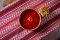 Ukrainian traditional borsch. Russian vegetarian red soup in a ceramic bowl on rustic wooden table background Royalty Free Stock Photo