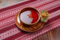 Ukrainian traditional borsch. Russian vegetarian red soup in a ceramic bowl on rustic wooden table background Royalty Free Stock Photo
