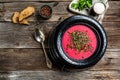 Ukrainian traditional borsch. Russian vegetarian red soup. Top view. Borscht, borshch with beet. Plate of red beet root soup Royalty Free Stock Photo