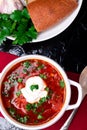 Ukrainian traditional borsch. Russian vegetarian red soup in white bowl on red wooden background. Top view. Borscht, borshch wit Royalty Free Stock Photo