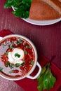 Ukrainian traditional borsch. Russian vegetarian red soup in white bowl on red wooden background. Top view. Borscht, borshch wit Royalty Free Stock Photo