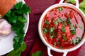 Ukrainian traditional borsch. Russian vegetarian red soup in white bowl on red wooden background. Top view. Borscht, borshch wit Royalty Free Stock Photo