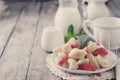 Ukrainian traditional lazy dumplings with cottage cheese. Toned photo