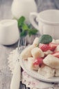 Ukrainian traditional lazy dumplings with cottage cheese. Toned photo