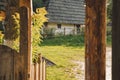 Ukrainian traditional rural house exterior facade village landmark view from porch wooden material frame work in spring time sunny