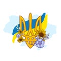Ukrainian Trident Emblem decorated with Periwinkle Flowers and Sunflower.