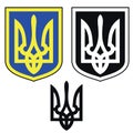 Ukrainian trident, Ukrainian symbols. Arms coat emblem, flag. National independence tryzub icons. Blue patriotic logo from Kiev.