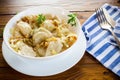 Ukrainian Vareniky or Pierogi stuffed with potato and mushrooms, served with fried onion.