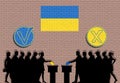 Ukrainian voters crowd silhouette in election with check marks and Ukraine flag graffiti