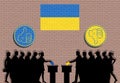 Ukrainian voters crowd silhouette in election with thumb icons and Ukraine flag graffiti