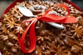 Ukrainian wedding cake. The loaf is decorated with a spoon with a red ribbon