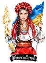 Ukrainian woman holding Molotov cocktail. Girl in traditional Ukrainian clothes and flower wreath on her head.