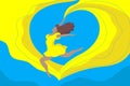 Ukrainian woman holding yellow and blue flag of Ukraine in the shape of a heart background. Editable vector illustration