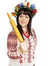 Ukrainian woman threatens rolling pin Royalty Free Stock Photo