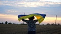 Ukrainian woman walking on barley meadow with a blue-yellow banner on shoulders at sunset. Lady going on wheat field Royalty Free Stock Photo